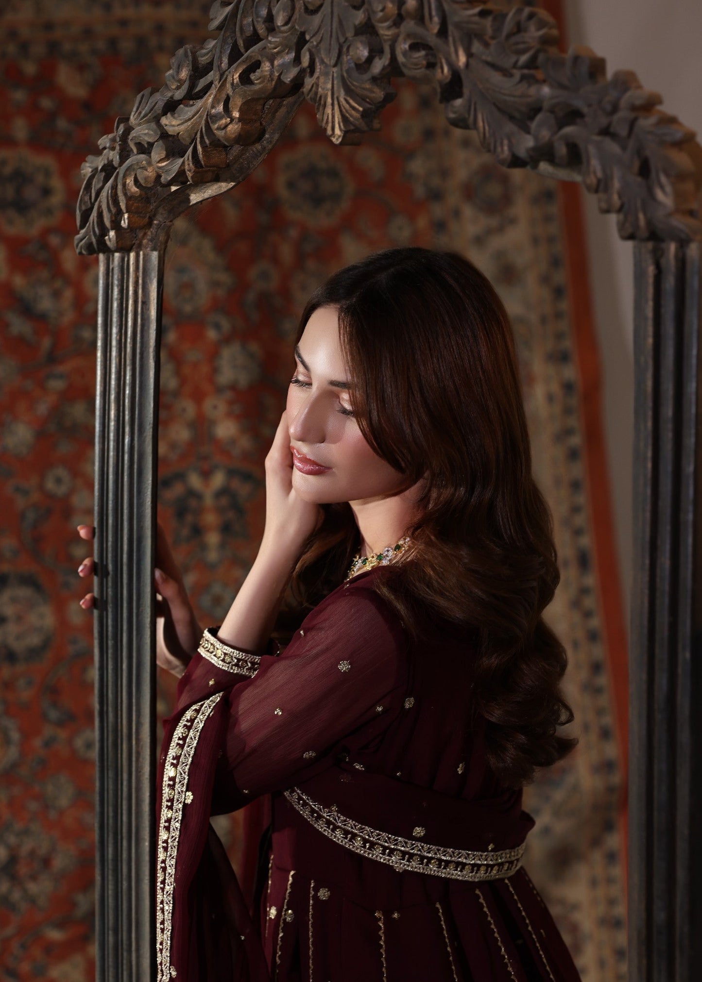 Maroon Embroidered Chiffon Flared Top Suit Online in UK USA Canada