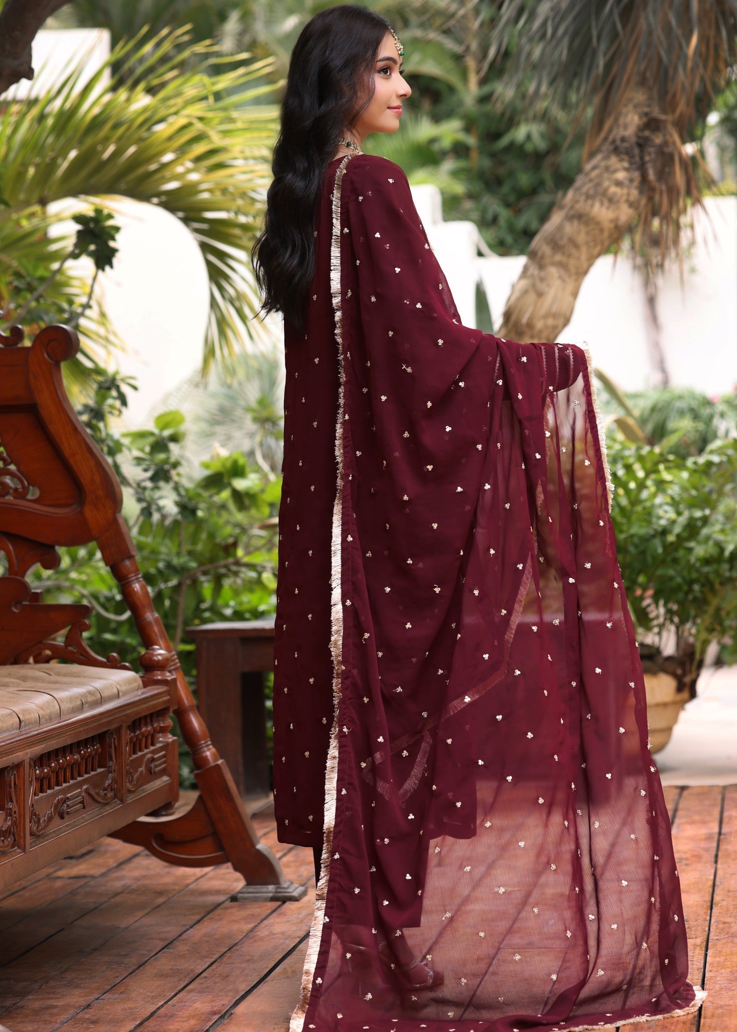 Maroon Embroidered Chiffon Flared Top Suit Online in UK USA Canada