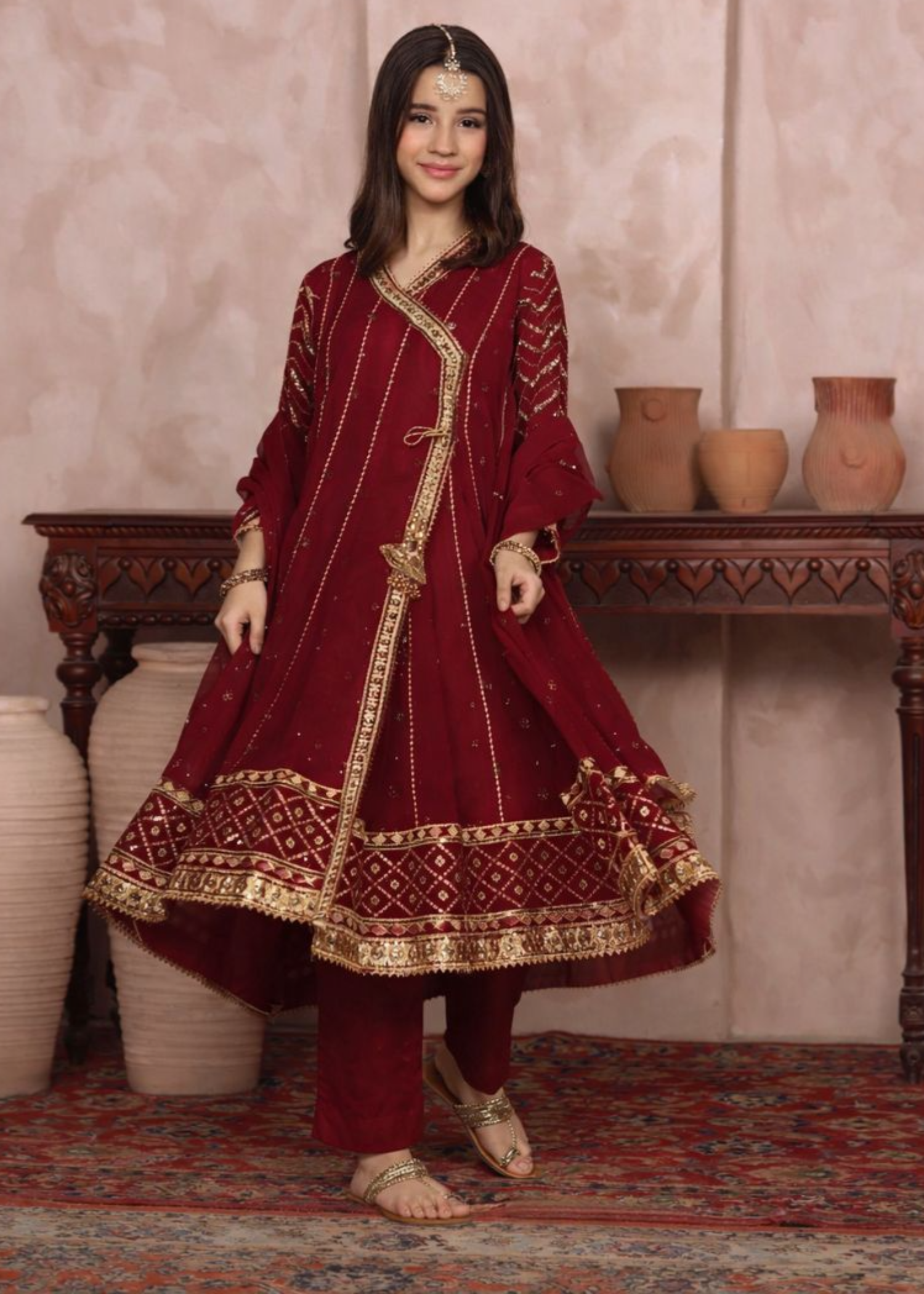 Maroon Embroidered Chiffon Girls Partywear Suit Online in KSA Riyadh Saudi Arabia Oman Bahrain Qatar