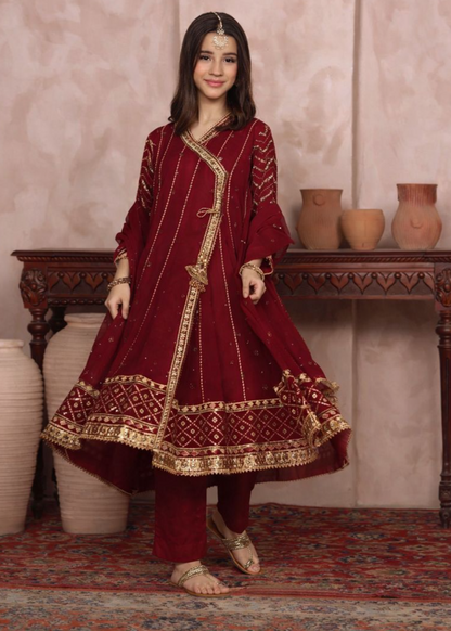 Maroon Embroidered Chiffon Girls Partywear Suit Online in KSA Riyadh Saudi Arabia Oman Bahrain Qatar