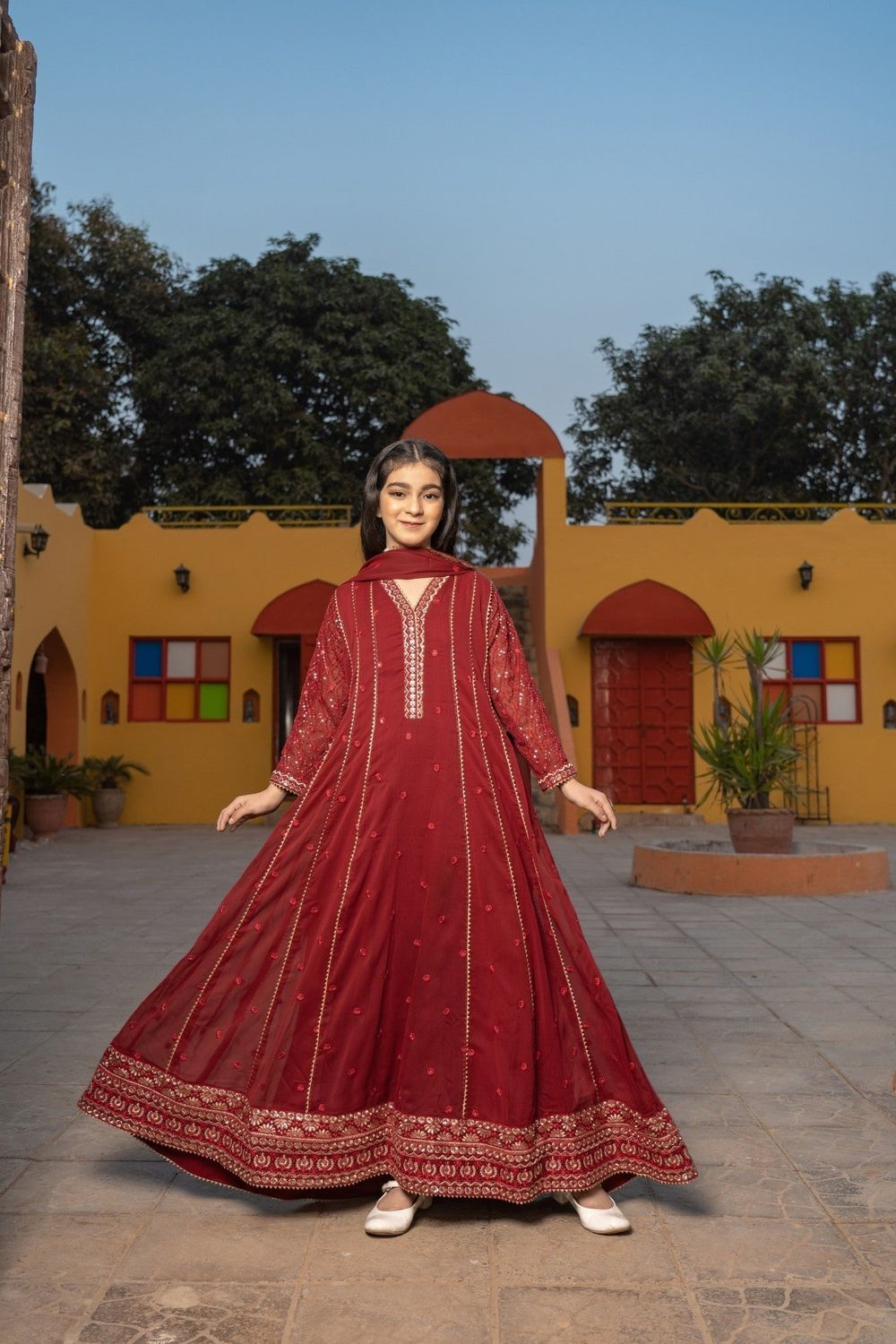 Maroon Embroidered Chiffon Kids Pishwas Online in Dubai UAE Abudhabi Ajman Sharjah