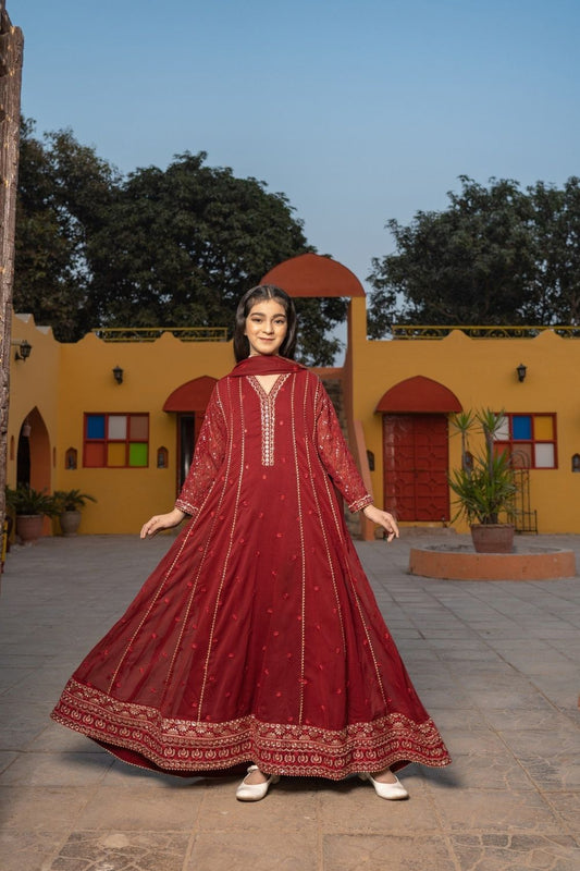 Maroon Embroidered Chiffon Kids Pishwas Online in Dubai UAE Abudhabi Ajman Sharjah