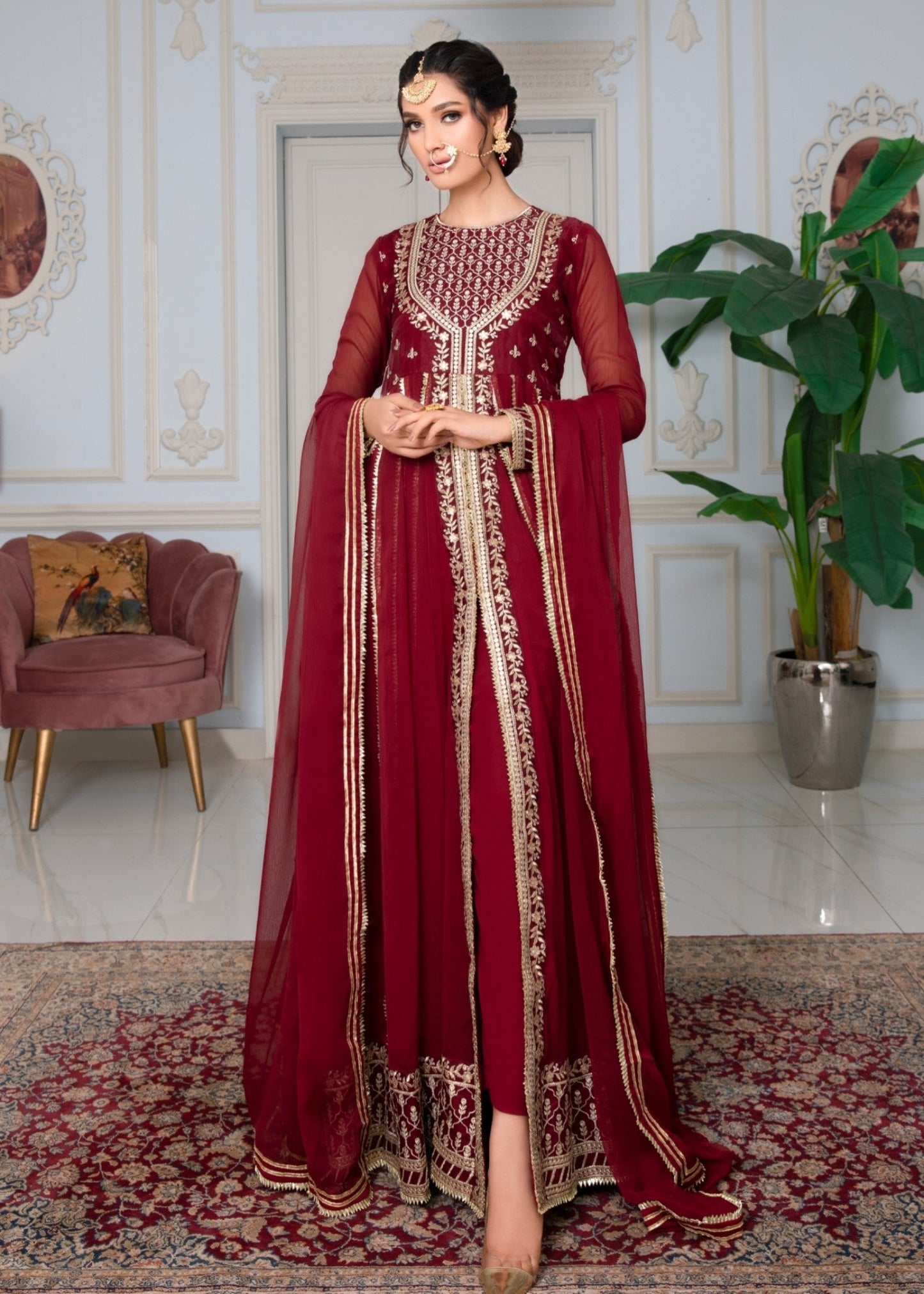 Maroon Embroidered Chiffon Kurta Set Online in Dubai DXB UAE Abudhabi Meena Bazaar