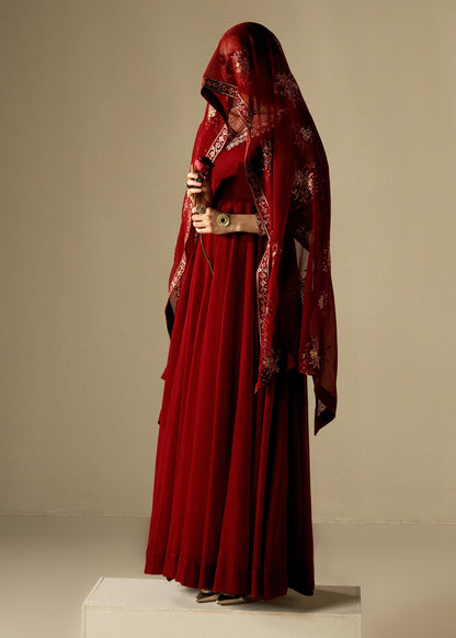 Maroon Embroidered Chiffon Kurta Set Online in UK USA Canada