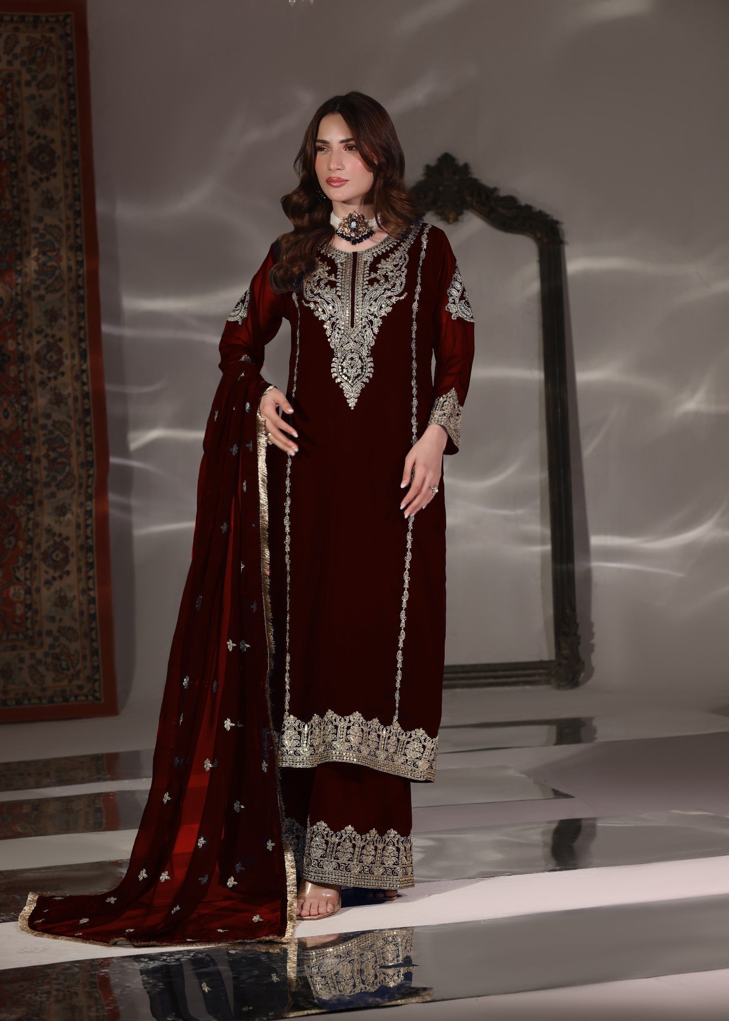 Maroon Embroidered Chiffon Kurta with Dupatta Online in UK USA Canada