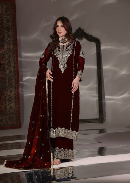 Maroon Embroidered Chiffon Kurta with Dupatta Online in UK USA Canada