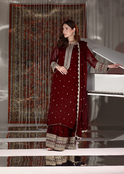 Maroon Embroidered Chiffon Lehenga Salwar Kameez Online in KSA Riyadh Saudi Arabia Oman Bahrain Qatar