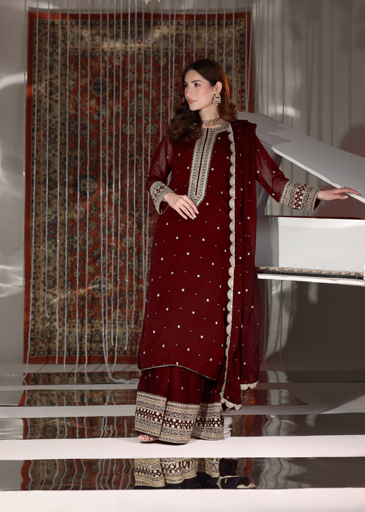 Maroon Embroidered Chiffon Lehenga Salwar Kameez Online in KSA Riyadh Saudi Arabia Oman Bahrain Qatar