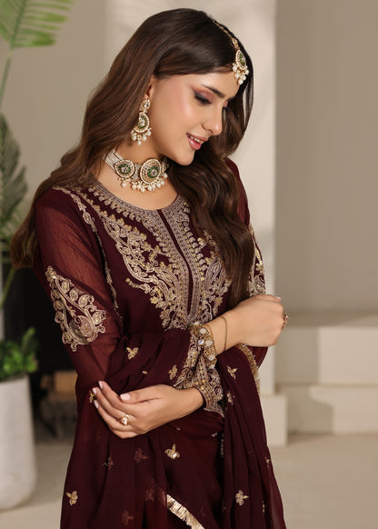 Maroon Embroidered Chiffon Long Kurta Set Online in Dubai UAE Abudhabi Ajman Sharjah