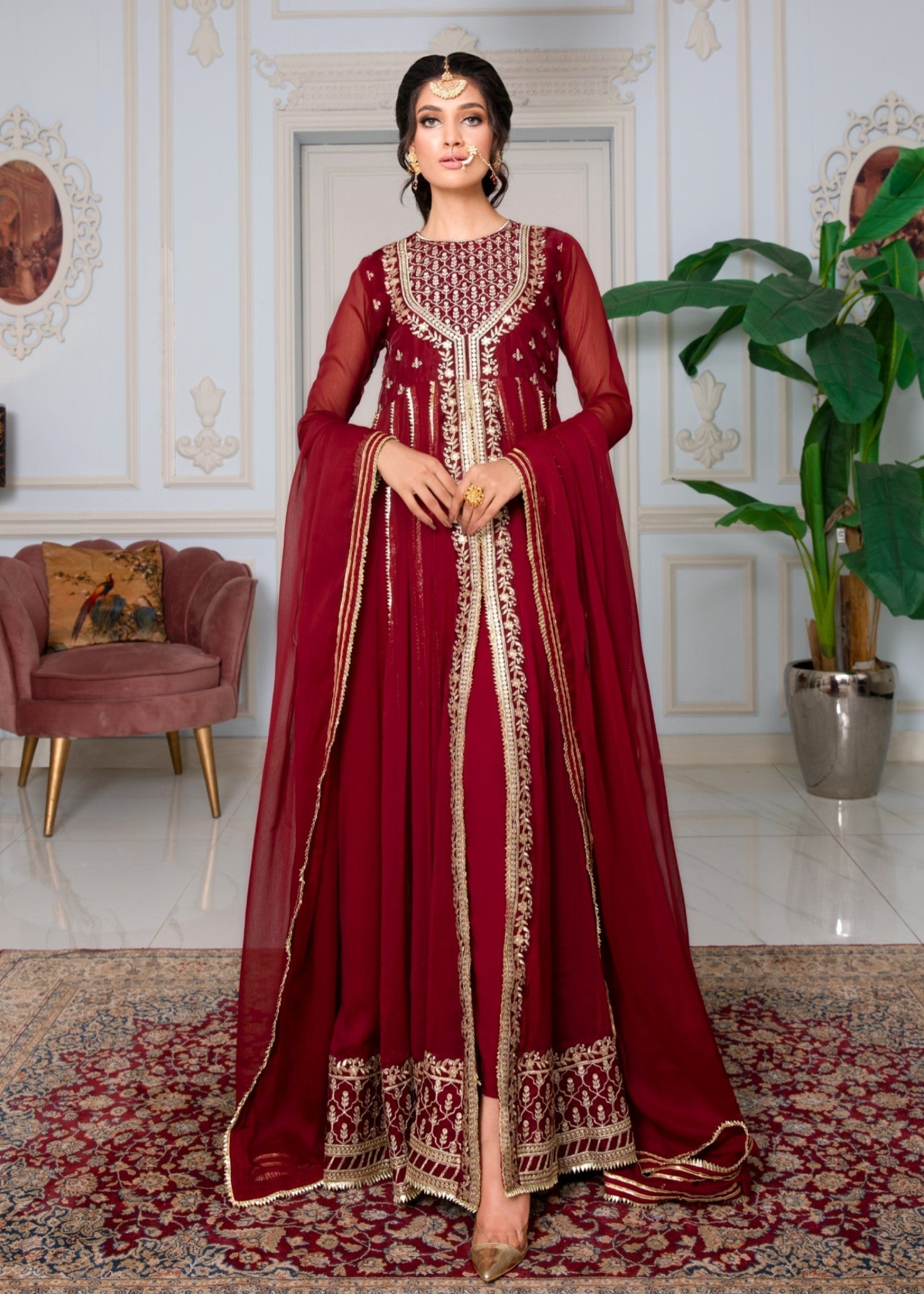 Maroon Embroidered Chiffon Maxi Dress Online in Sri Lanka India Australia