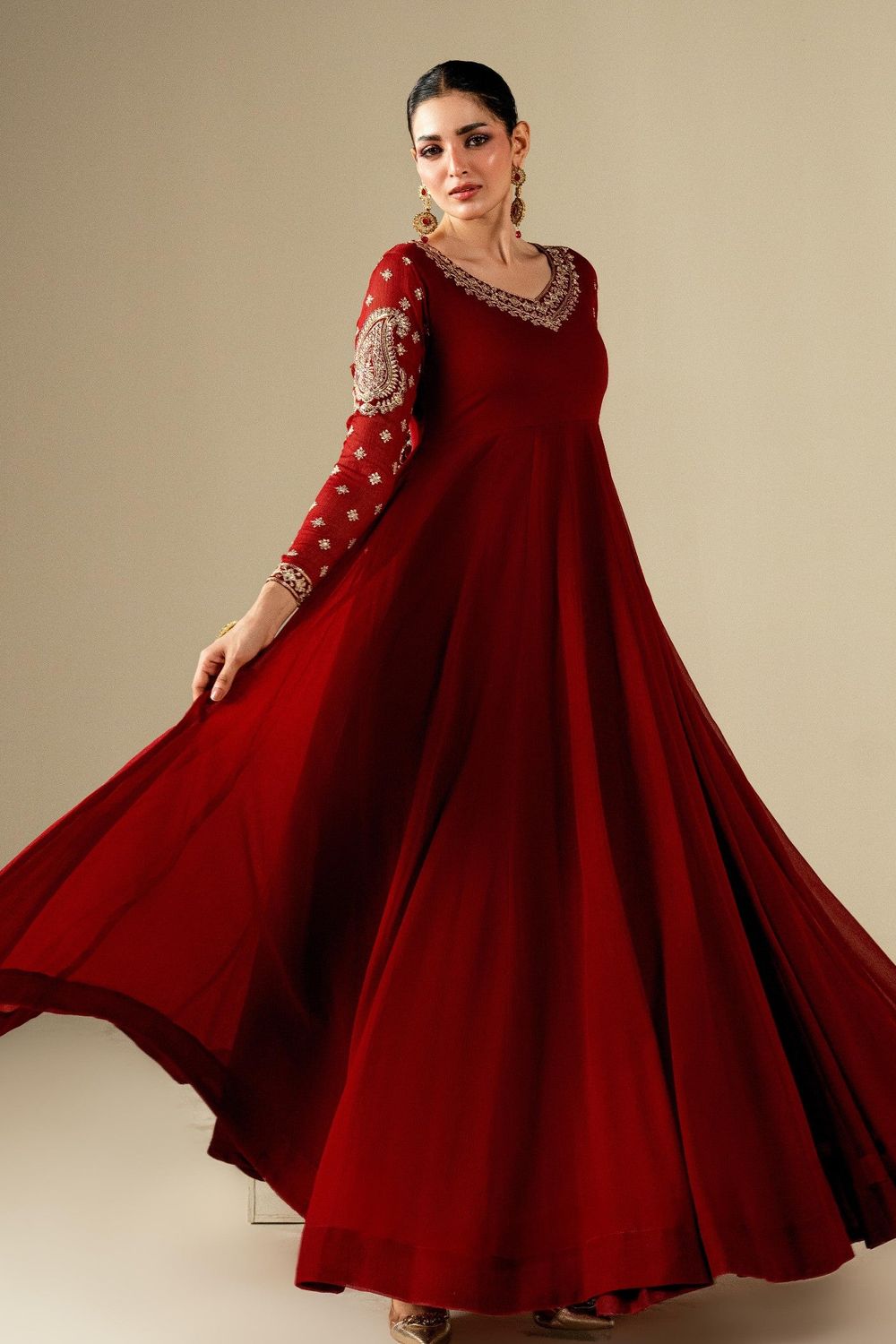 Maroon Embroidered Chiffon Maxi Online in Dubai UAE Abudhabi Ajman Sharjah