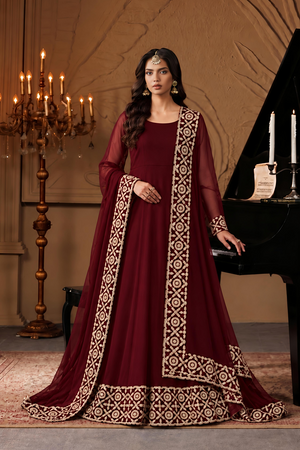 Maroon Embroidered Chiffon Maxi Suit Online in Dubai UAE Abudhabi Ajman Sharjah