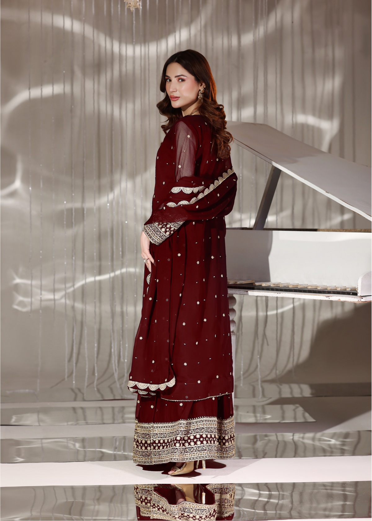 Maroon Embroidered Chiffon Pakistani Suit Online in Dubai UAE Abudhabi Ajman Sharjah