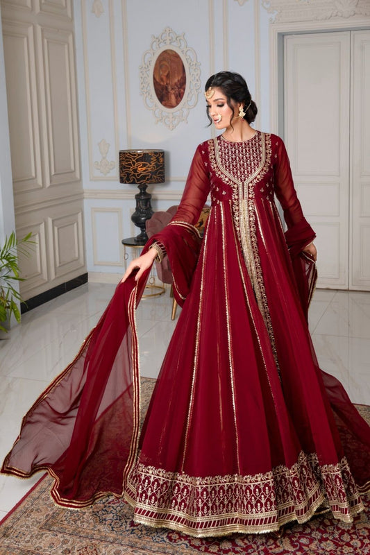 Maroon Embroidered Chiffon Party Wear Maxi Online in Dubai UAE Abudhabi Ajman Sharjah