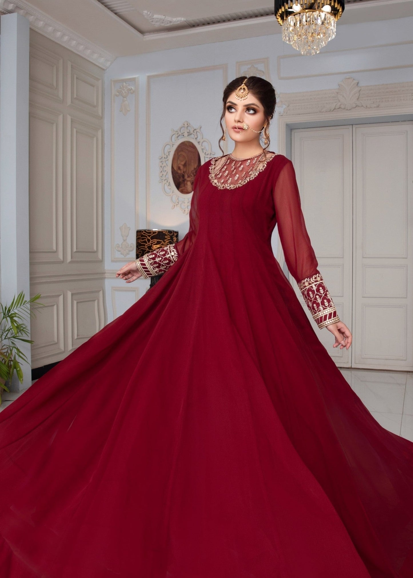 Maroon Embroidered Chiffon Party Wear Pishwas Suit Online in KSA Riyadh Saudi Arabia Oman Bahrain Qatar