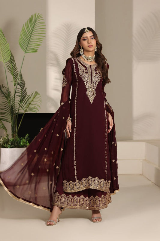 Maroon Embroidered Chiffon Partywear Kurta Set Online in Dubai UAE Abudhabi Ajman Sharjah