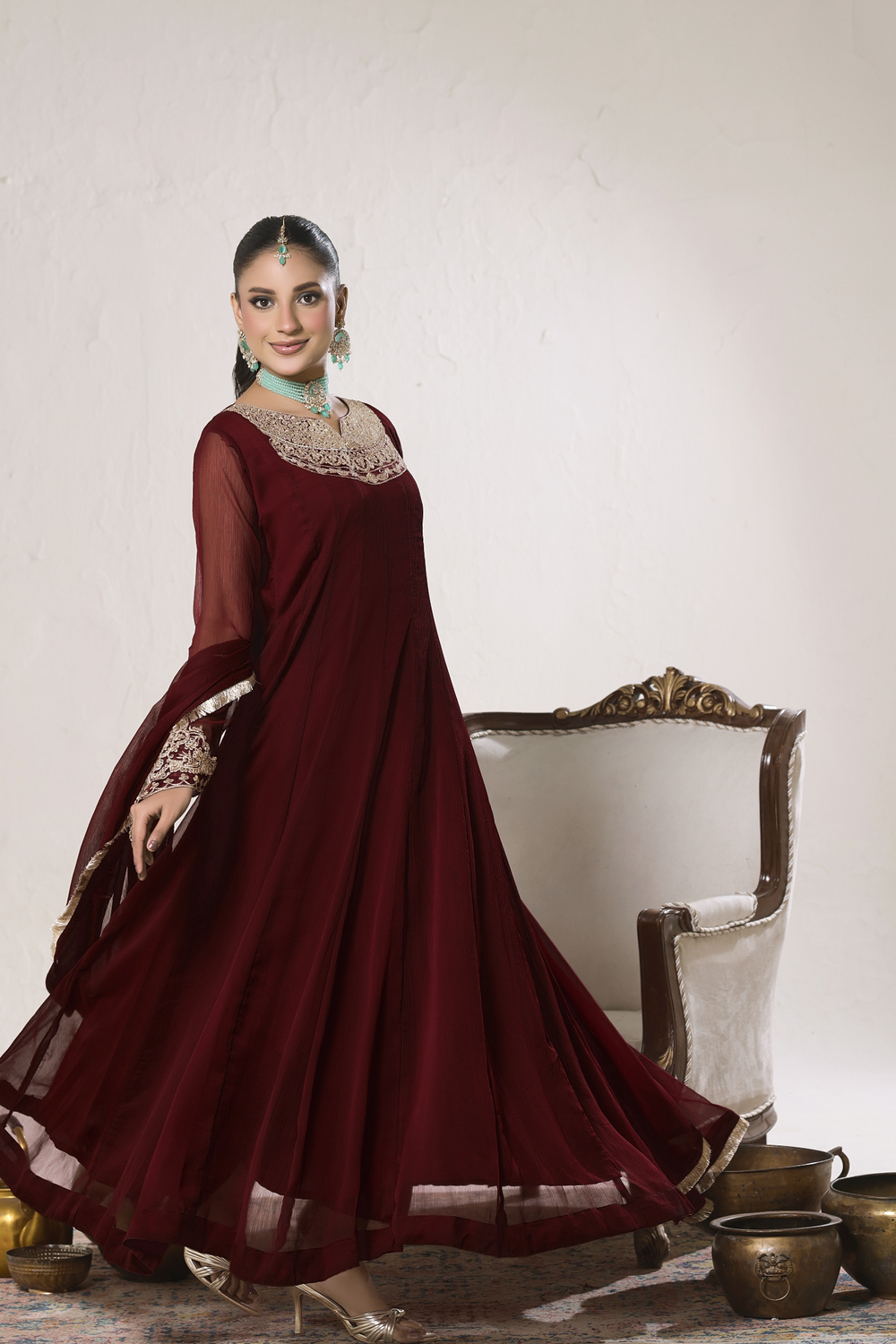 Maroon Embroidered Chiffon Partywear Pishwas Online in Dubai UAE Abudhabi Ajman Sharjah