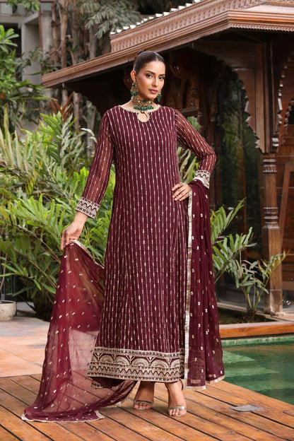 Maroon Embroidered Chiffon Partywear Pishwas Suit Online in Dubai UAE Abudhabi Ajman Sharjah