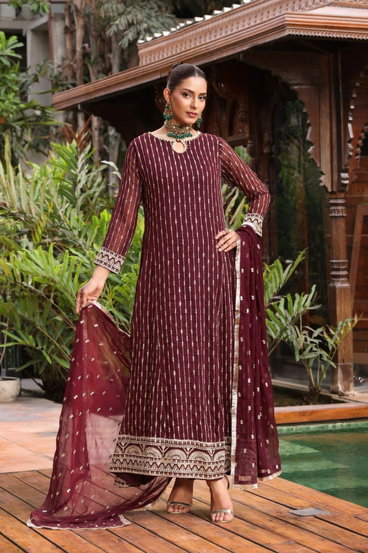 Maroon Embroidered Chiffon Partywear Pishwas Suit Online in Dubai UAE Abudhabi Ajman Sharjah