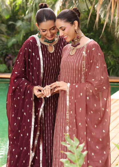 Maroon Embroidered Chiffon Partywear Pishwas with Dupatta Online in UK USA Canada