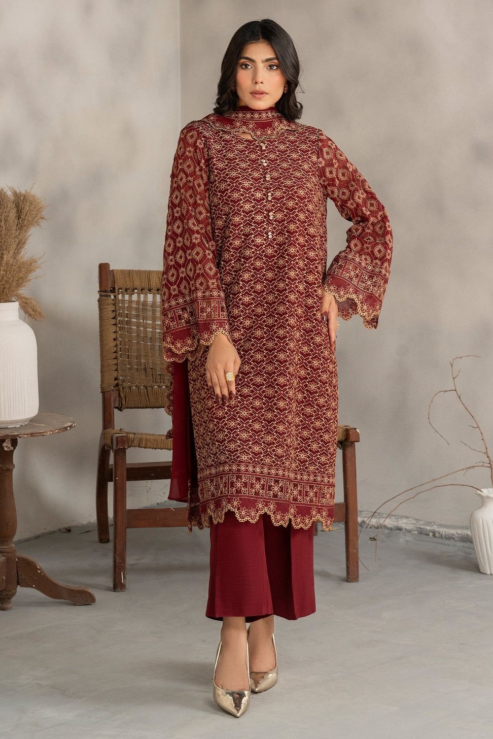 Maroon Embroidered Chiffon Partywear Salwar Suit Online in Dubai UAE Abudhabi Ajman Sharjah