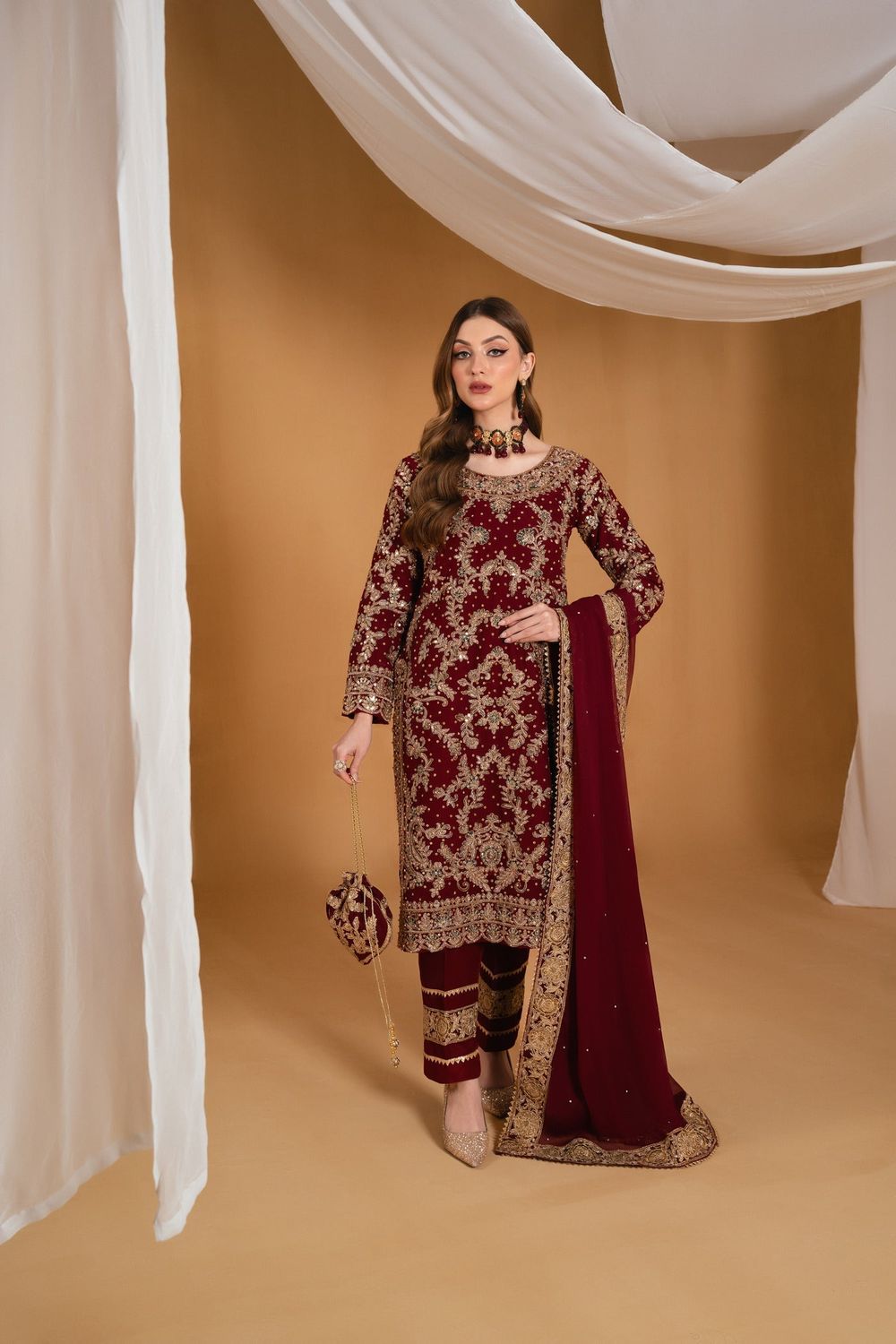 Maroon Embroidered Chiffon Partywear Salwar Suit Online in Dubai UAE Abudhabi Ajman Sharjah