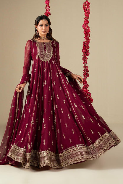 Maroon Embroidered Chiffon Partywear Suit Online in Dubai UAE Abudhabi Ajman Sharjah