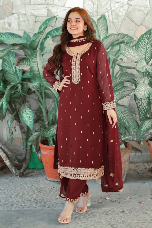 Maroon Embroidered Chiffon Partywear Suit Online in Dubai UAE Abudhabi Ajman Sharjah
