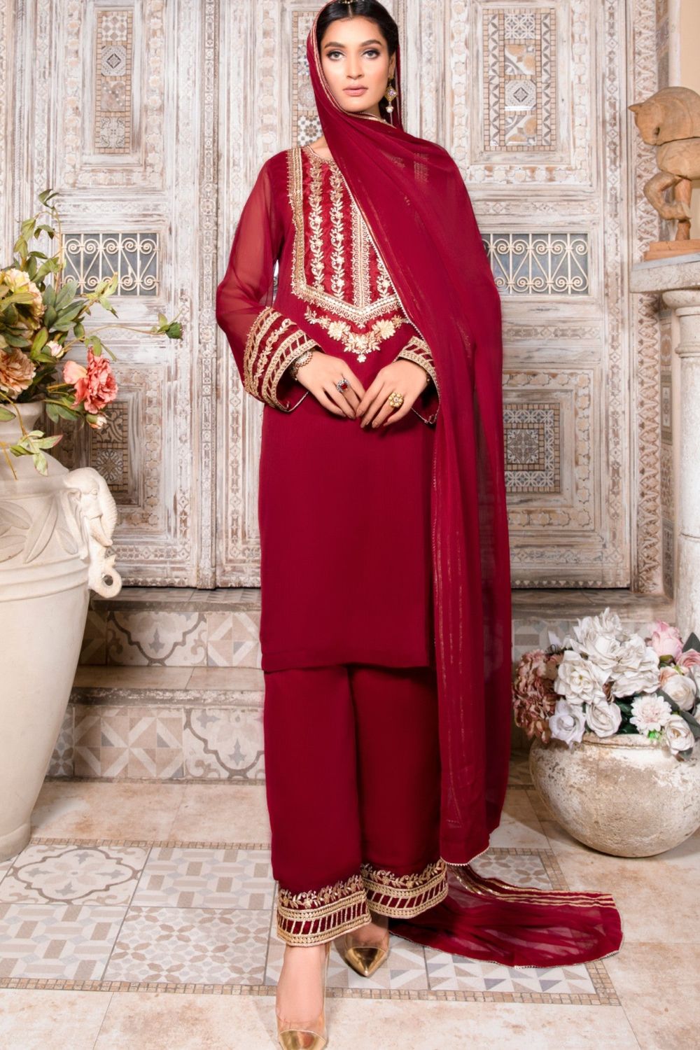 Maroon Embroidered Chiffon Partywear Suit Online in Dubai UAE Abudhabi Ajman Sharjah