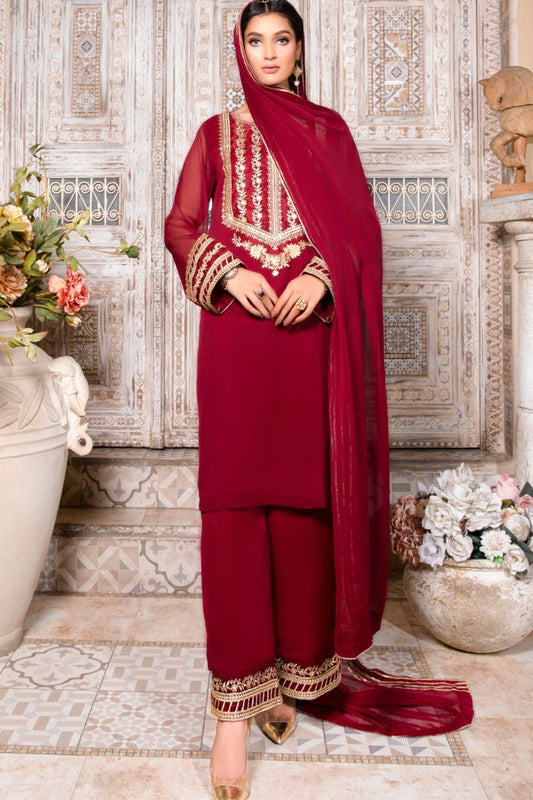 Maroon Embroidered Chiffon Partywear Suit Online in Dubai UAE Abudhabi Ajman Sharjah