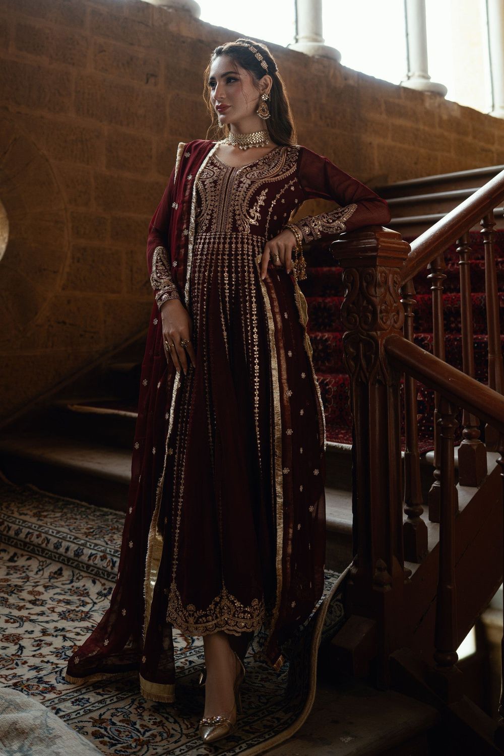 Maroon Embroidered Chiffon Partywear Suit Online in Dubai UAE Abudhabi Ajman Sharjah