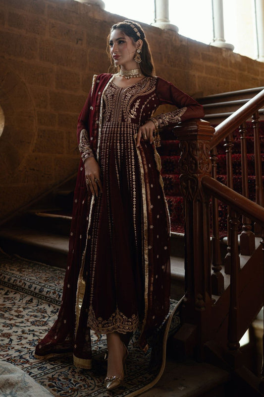 Maroon Embroidered Chiffon Partywear Suit Online in Dubai UAE Abudhabi Ajman Sharjah