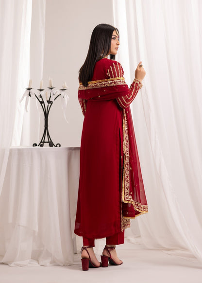 Maroon Embroidered Chiffon Partywear Suit Online in Dubai UAE Abudhabi Ajman Sharjah