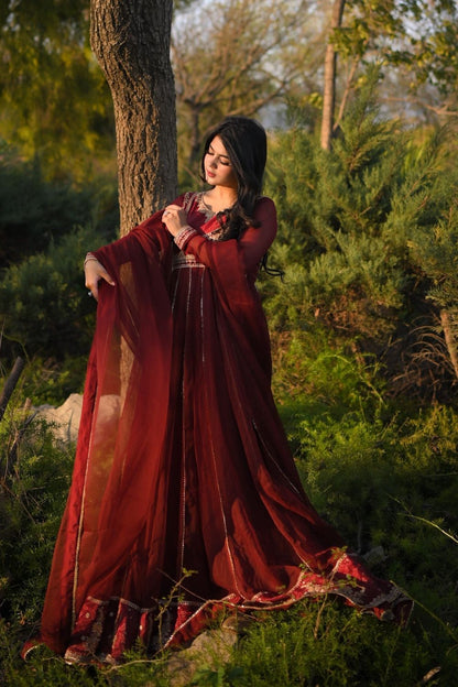 Maroon Embroidered Chiffon Pishwas Gharara Online in Dubai UAE Abudhabi Ajman Sharjah