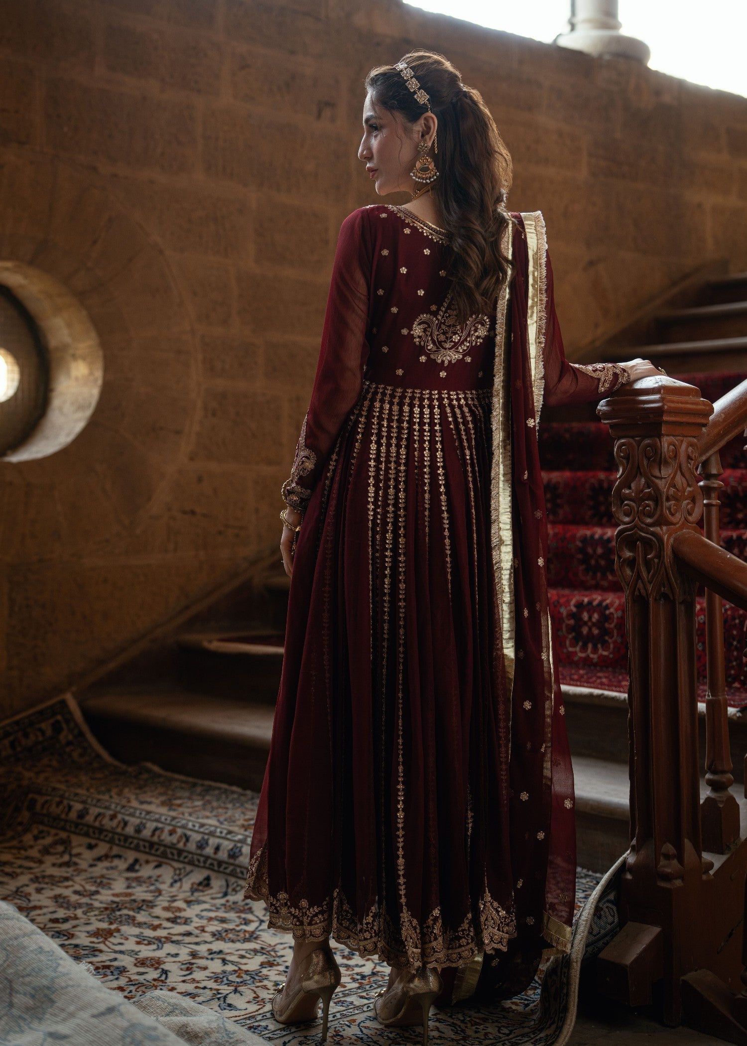 Maroon Embroidered Chiffon Pishwas Suit Online in Dubai DXB UAE Abudhabi Meena Bazaar