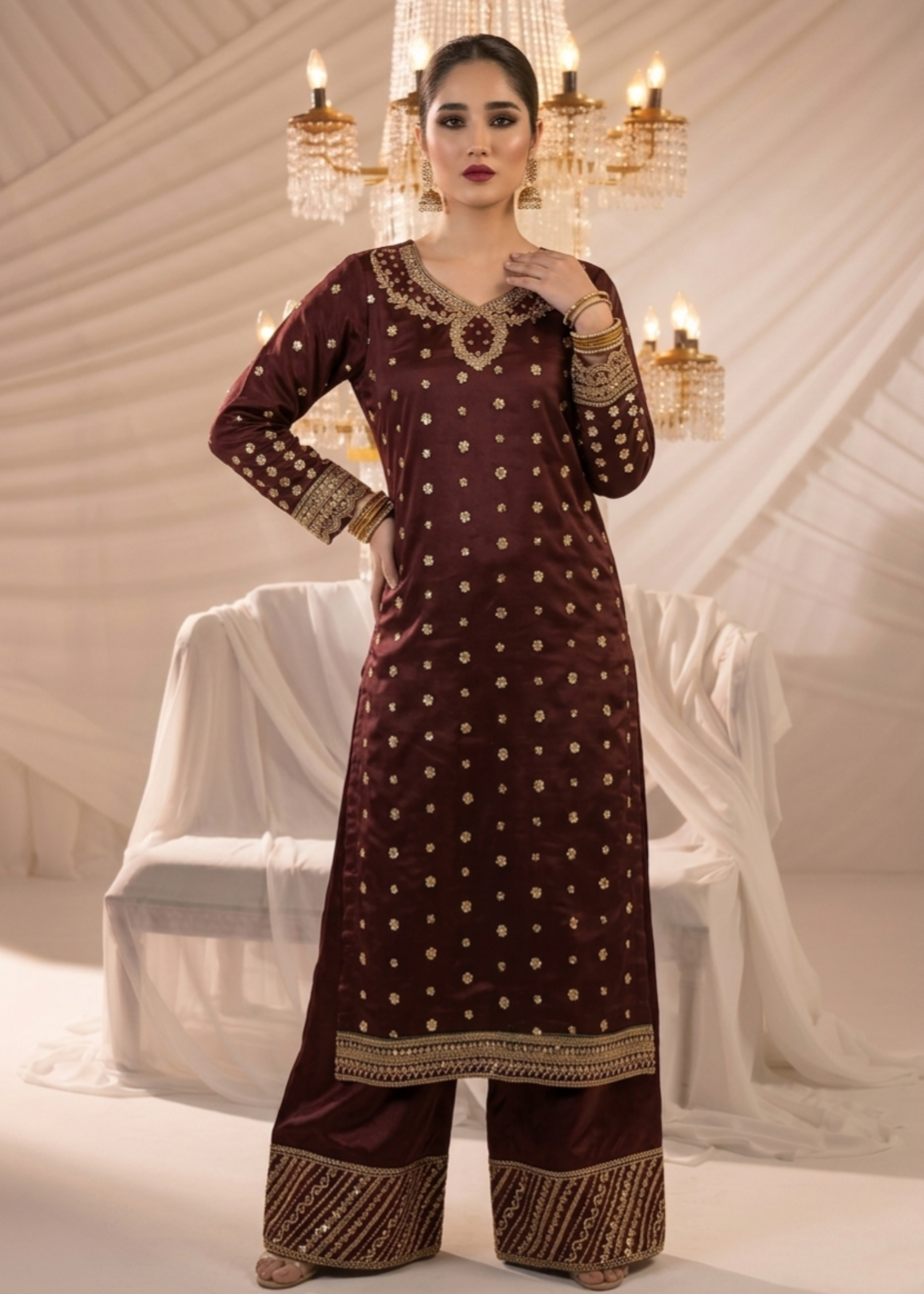 Maroon Embroidered Chiffon Raw Silk Partywear Suit Online in Sri Lanka India Australia