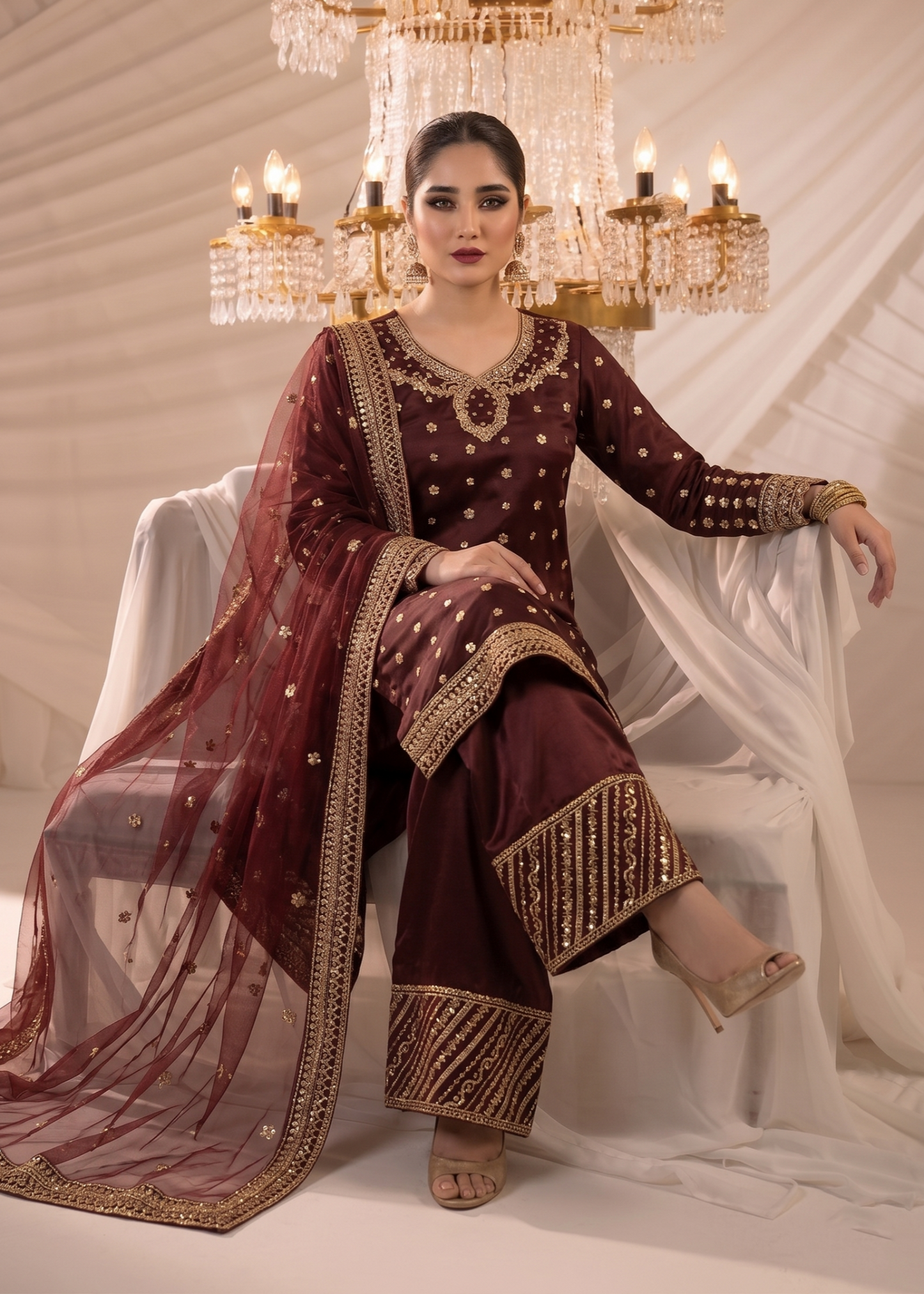 Maroon Embroidered Chiffon Raw Silk Salwar Kameez Online in Dubai UAE Abudhabi Ajman Sharjah