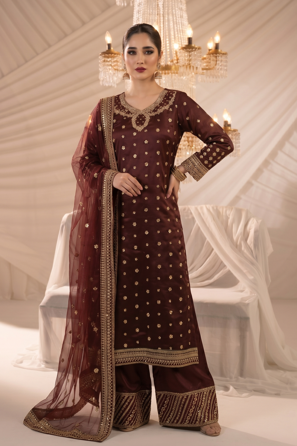 Maroon Embroidered Chiffon Raw Silk Salwar Suit Online in Dubai UAE Abudhabi Ajman Sharjah