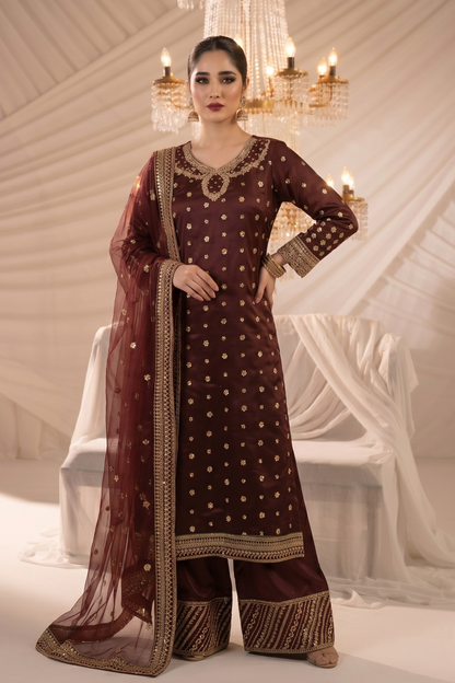 Maroon Embroidered Chiffon Raw Silk Salwar Suit Online in Dubai UAE Abudhabi Ajman Sharjah