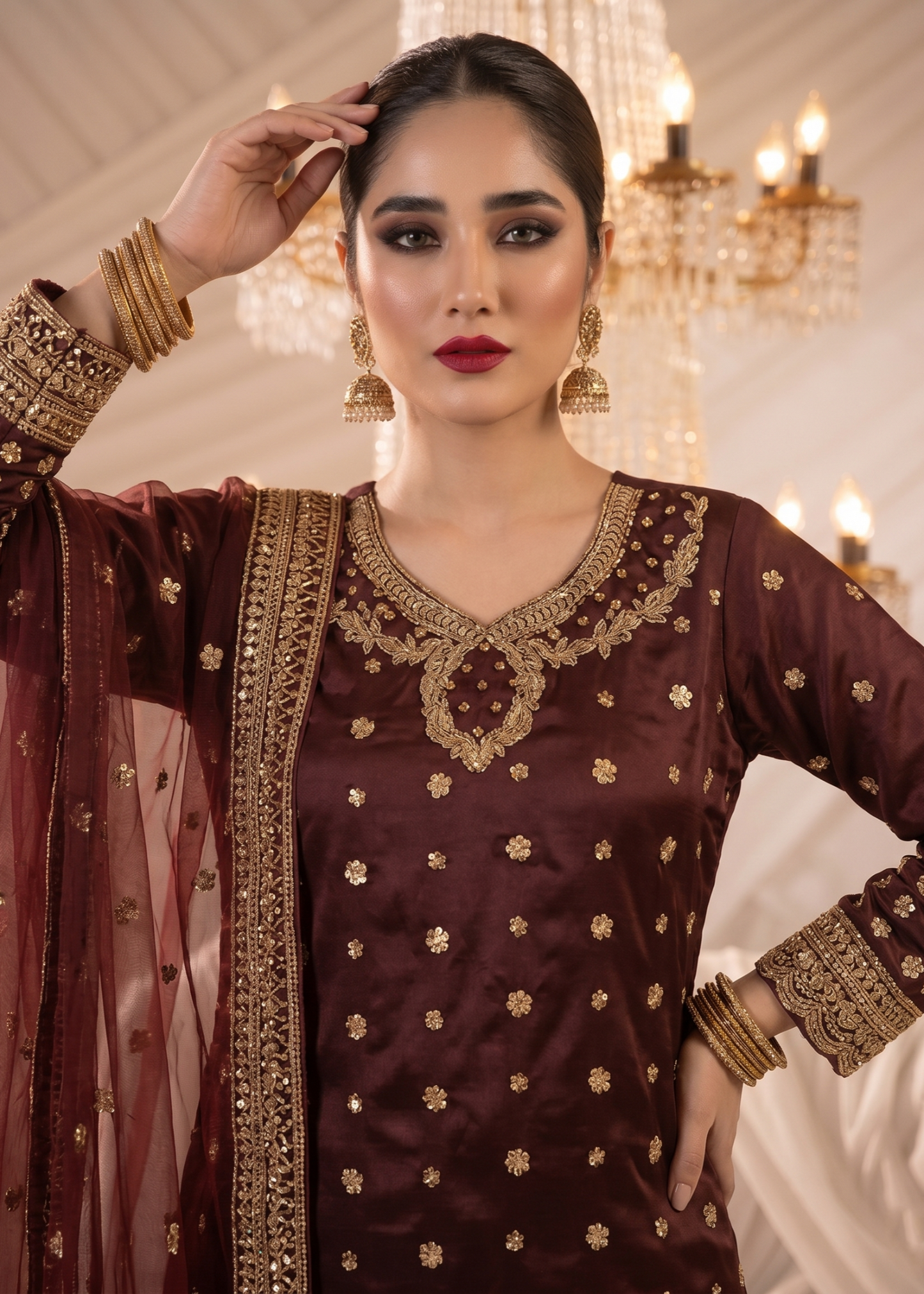 Maroon Embroidered Chiffon Raw Silk Salwar Suit Online in Dubai UAE Abudhabi Ajman Sharjah