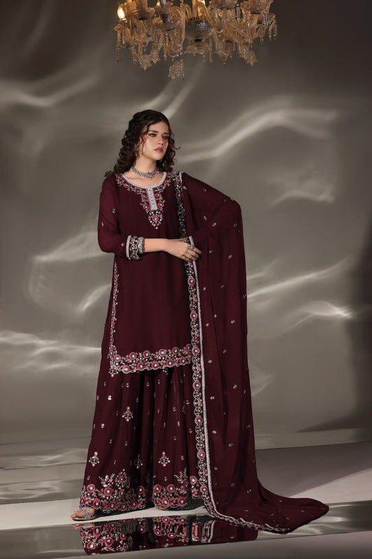 Maroon Embroidered Chiffon Sharara Suit Online in Dubai UAE Abudhabi Ajman Sharjah
