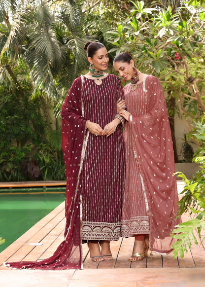 Maroon Embroidered Chiffon Slim Fit Pishwas Top Online in Dubai DXB UAE Abudhabi Meena Bazaar
