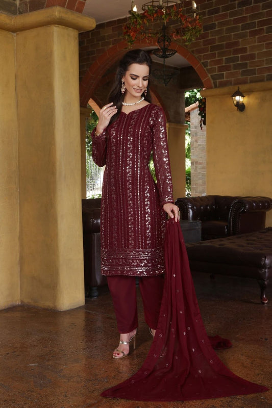 Maroon Embroidered Chiffon Straight Kurta Set Online in Dubai UAE Abudhabi Ajman Sharjah