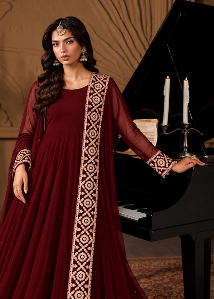 Maroon Embroidered Chiffon Suit Online in Dubai DXB UAE Abudhabi Meena Bazaar