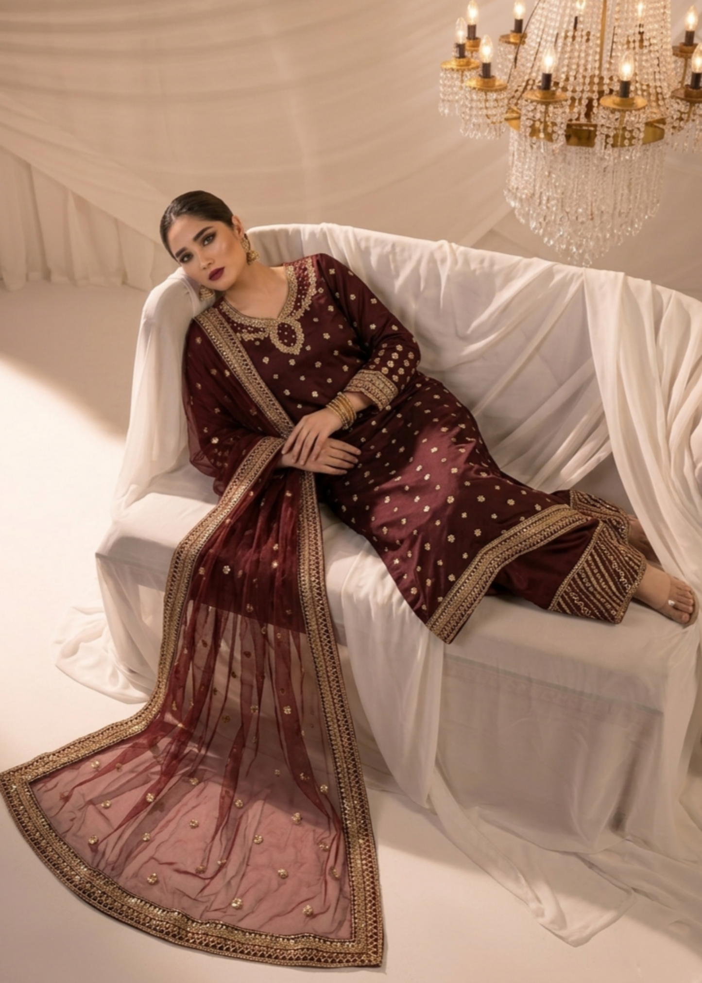 Maroon Embroidered Chiffon Suit with Organza Dupatta Online in Dubai DXB UAE Abudhabi Meena Bazaar