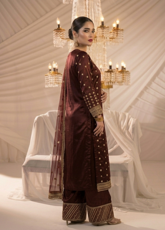 Maroon Embroidered Chiffon Suit with Organza Dupatta Online in Dubai DXB UAE Abudhabi Meena Bazaar