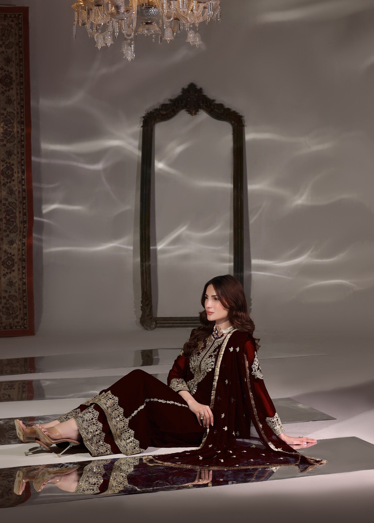 Maroon Embroidered Chiffon Three Piece Suit Online in Dubai UAE Abudhabi Ajman Sharjah