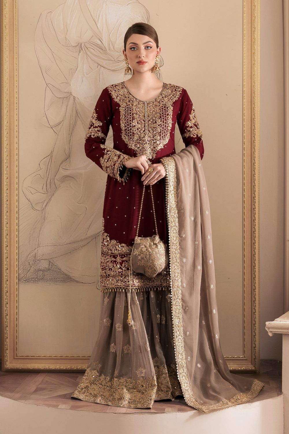 Maroon Embroidered Chiffon Wedding Gharara Online in Dubai UAE Abudhabi Ajman Sharjah