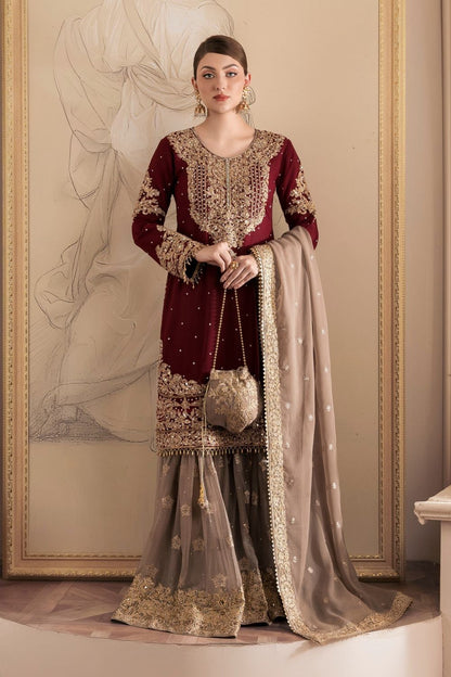 Maroon Embroidered Chiffon Wedding Gharara Online in Dubai UAE Abudhabi Ajman Sharjah