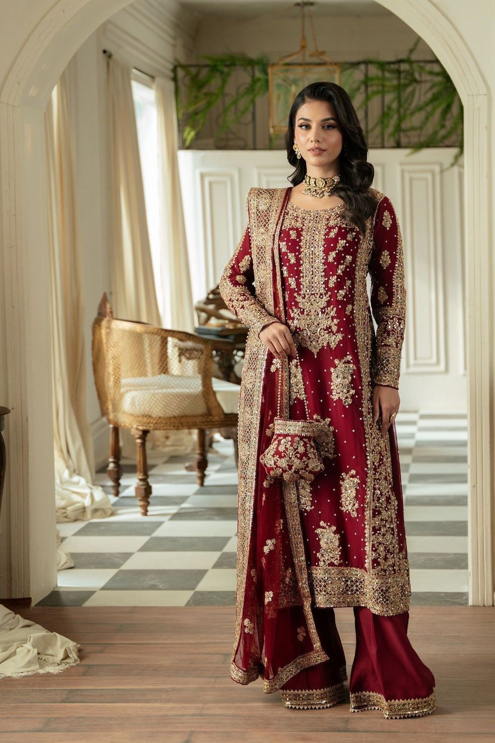 Maroon Embroidered Chiffon Wedding Guest Suit Online in Dubai UAE Abudhabi Ajman Sharjah